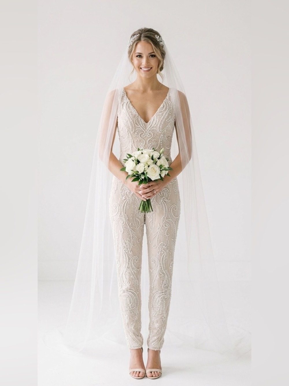 Hand Beaded Custom Designed Elegant Nude Bridal Jumpsuit